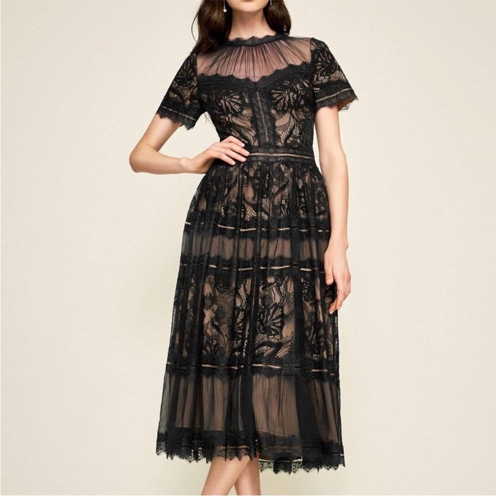 Tadashi Shoji Camille Black Lace Tea Length Dress